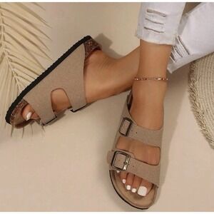 Chic‎ Double Buckle Sandals | Neutral Comfort Slides for Effortless Style